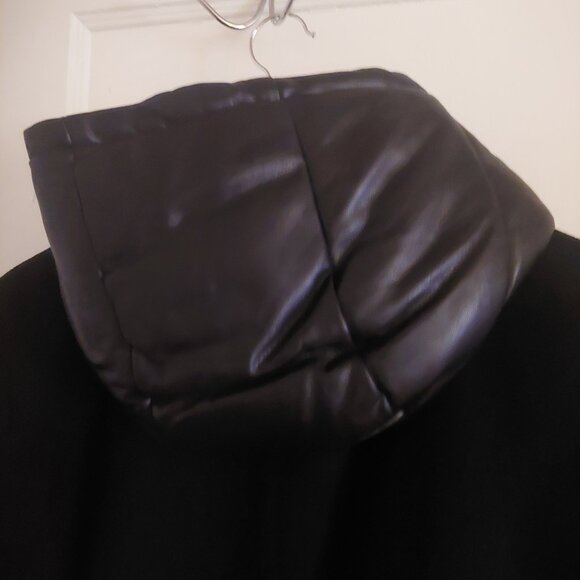 NWT DKNY Black Wool Faux Leather Hooded Bibbed Mixed-Media Blazer Coat XL - Picture 6 of 8